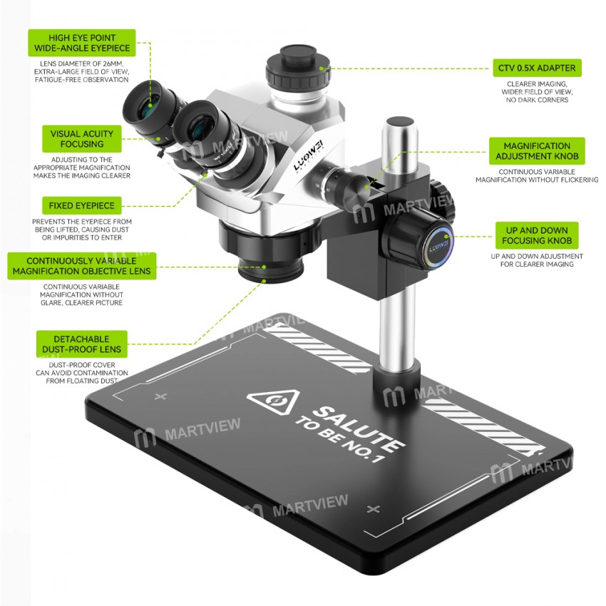 Luowei LW TR01 B3TV 7 50X Synchronous Zoom Trinocular Stereo Microscope with Aluminum Alloy Base